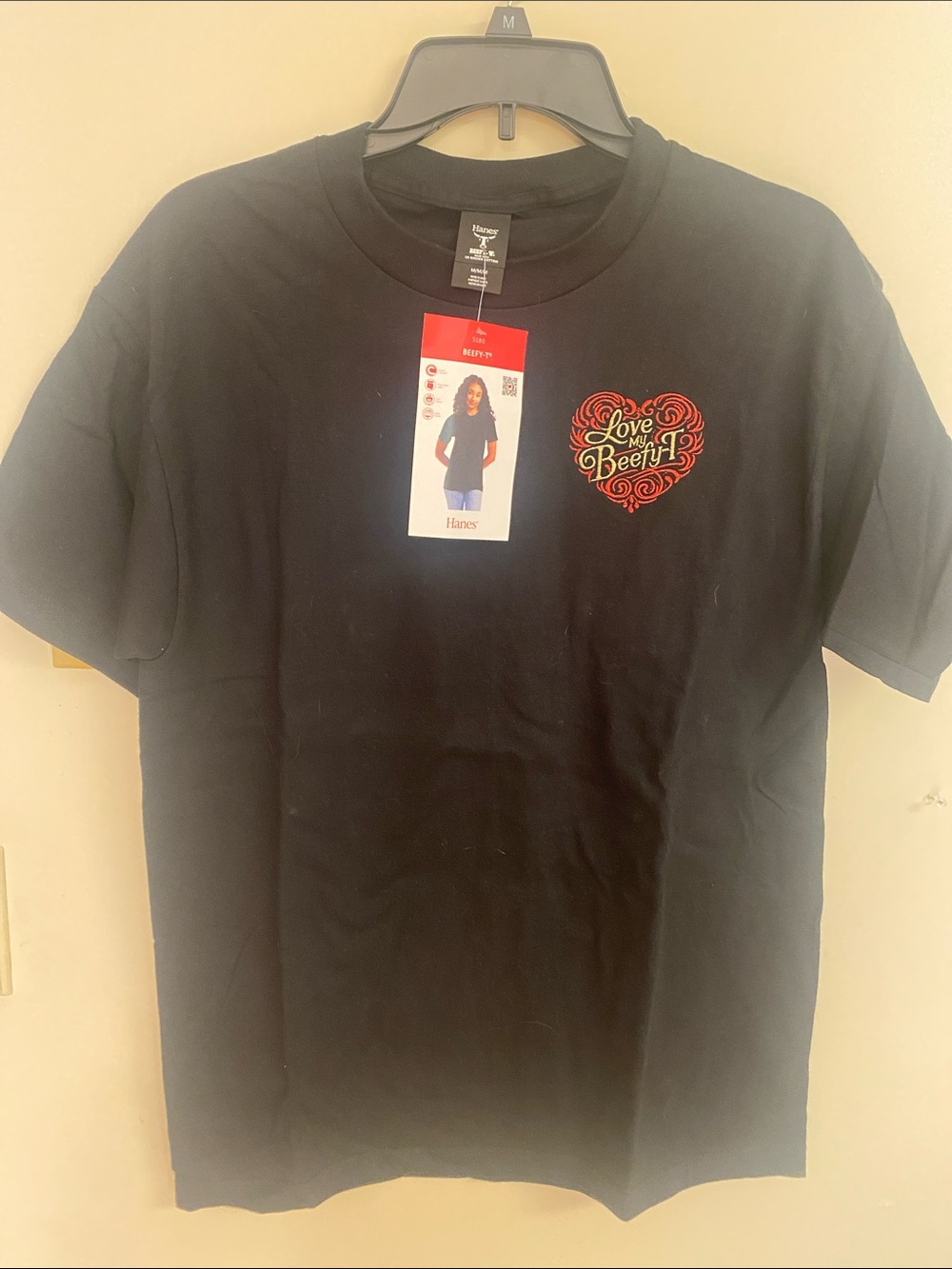 Hanes Black Short-Sleeve Tee with Red & Gold 'Love My Beefy T' Heart Sz Med